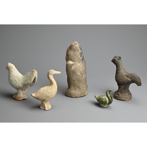 158 - A GROUP OF CHINESE POTTERY ANIMAL MODELS, HAN DYNASTY. To include a grey pottery owl; A grey pottery... 