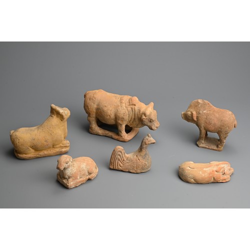 161 - A GROUP OF CHINESE RED POTTERY MODELS OF ANIMALS, TANG DYNASTY. To include a cow, a bull, a sheep, a... 