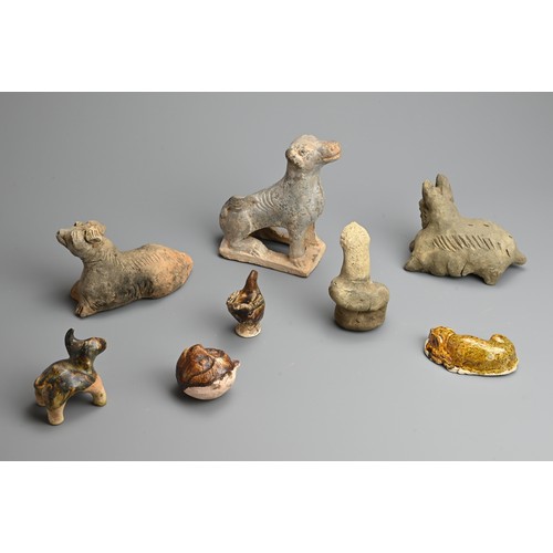 162 - A GROUP OF CHINESE POTTERY MODELS OF ANIMALS, TANG TO MING DYNASTY. To include four unglazed models ... 