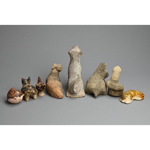 162 - A GROUP OF CHINESE POTTERY MODELS OF ANIMALS, TANG TO MING DYNASTY. To include four unglazed models ... 