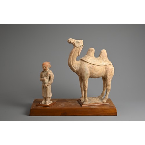 163 - A CHINESE POTTERY MODEL OF A BACTRIAN CAMEL AND ATTENDANT, TANG DYNASTY. Each standing and mounted o... 