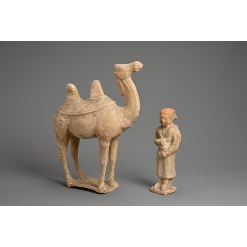 163 - A CHINESE POTTERY MODEL OF A BACTRIAN CAMEL AND ATTENDANT, TANG DYNASTY. Each standing and mounted o... 