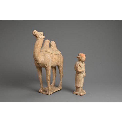 163 - A CHINESE POTTERY MODEL OF A BACTRIAN CAMEL AND ATTENDANT, TANG DYNASTY. Each standing and mounted o... 