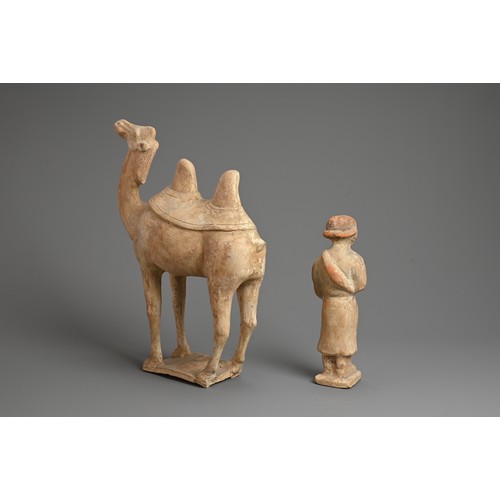 163 - A CHINESE POTTERY MODEL OF A BACTRIAN CAMEL AND ATTENDANT, TANG DYNASTY. Each standing and mounted o... 