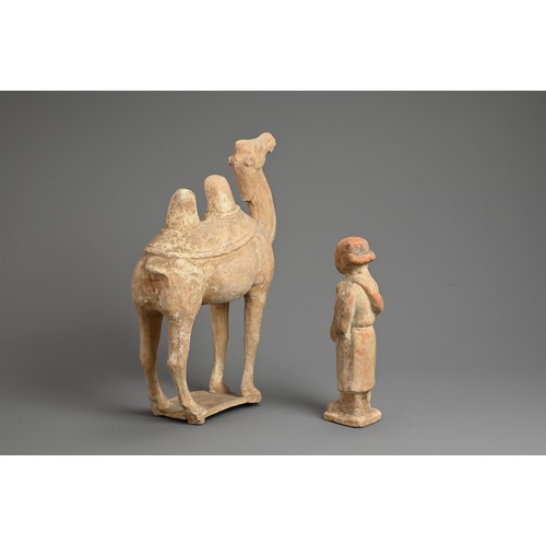 163 - A CHINESE POTTERY MODEL OF A BACTRIAN CAMEL AND ATTENDANT, TANG DYNASTY. Each standing and mounted o... 