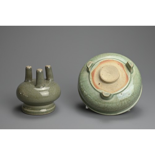 166 - TWO CHINESE LONGQUAN CELADON GLAZED PORCELAIN TRIPOD CENSERS, MING / QING DYNASTY. The first with a ... 