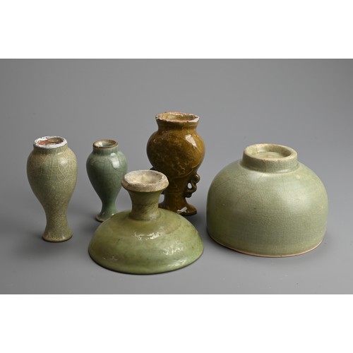 175 - A GROUP OF CHINESE LONGQUAN CELADON GLAZED PORCELAIN VASES, STEM DISH AND ALMS BOWL, YUAN /MING DYNA... 