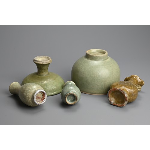 175 - A GROUP OF CHINESE LONGQUAN CELADON GLAZED PORCELAIN VASES, STEM DISH AND ALMS BOWL, YUAN /MING DYNA... 