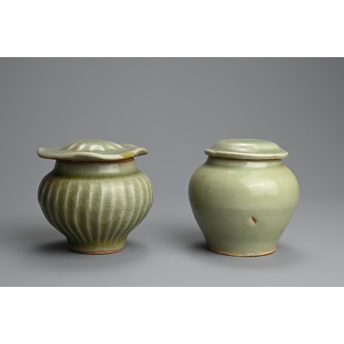 176 - TWO CHINESE LONGQUAN CELADON GLAZED PORCELAIN JARS AND COVERS, MING DYNASTY. Each of compressed balu... 