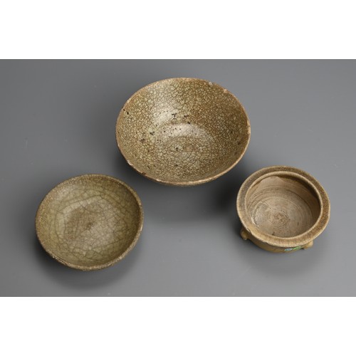 178 - THREE CHINESE CRACKLE WARE ITEMS, YUAN / MING DYNASTY. To include a circular tripod censer covered i... 