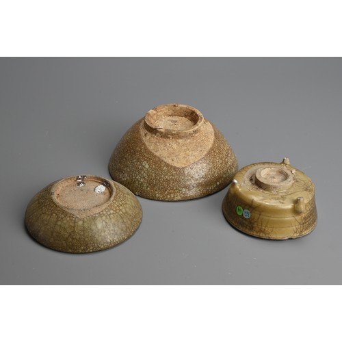 178 - THREE CHINESE CRACKLE WARE ITEMS, YUAN / MING DYNASTY. To include a circular tripod censer covered i... 