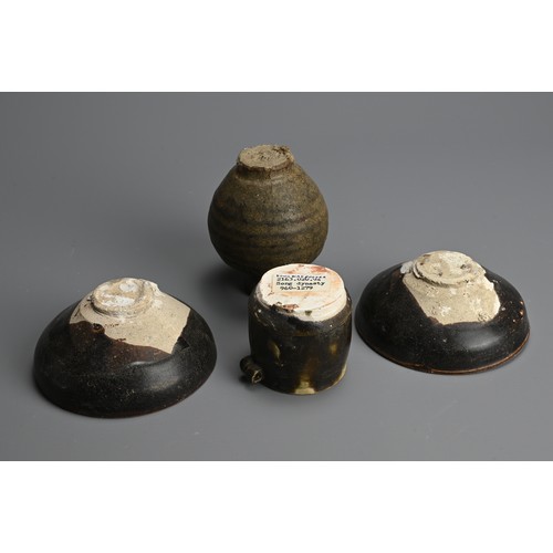 181 - A GROUP OF CHINESE BROWN GLAZED POTTERY ITEMS, 12/13TH CENTURY. To include a rare bird feeder with d... 