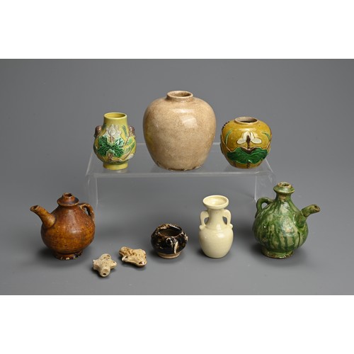 194 - A MIXED GROUP OF CHINESE CERAMIC ITEMS, TANG DYNASTY AND LATER. To include two glazed pendant whistl... 