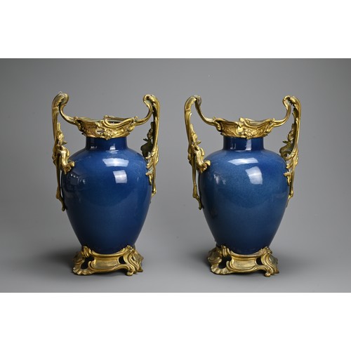 204 - A GOOD PAIR OF CHINESE POWDER BLUE GLAZED PORCELAIN VASES, FRENCH GILT BRONZE MOUNTED, 18TH CENTURY.... 