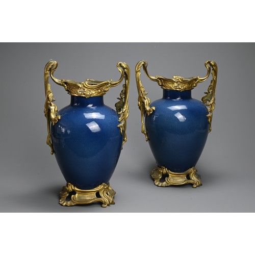 204 - A GOOD PAIR OF CHINESE POWDER BLUE GLAZED PORCELAIN VASES, FRENCH GILT BRONZE MOUNTED, 18TH CENTURY.... 