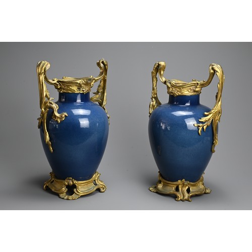 204 - A GOOD PAIR OF CHINESE POWDER BLUE GLAZED PORCELAIN VASES, FRENCH GILT BRONZE MOUNTED, 18TH CENTURY.... 