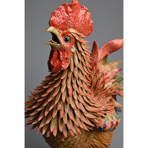 318 - A LARGE CHINESE POLYCHROME MODEL OF A ROOSTER, 20TH CENTURY. Finely modelled rooster crowing, standi... 