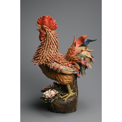 318 - A LARGE CHINESE POLYCHROME MODEL OF A ROOSTER, 20TH CENTURY. Finely modelled rooster crowing, standi... 