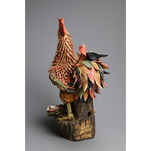 318 - A LARGE CHINESE POLYCHROME MODEL OF A ROOSTER, 20TH CENTURY. Finely modelled rooster crowing, standi... 