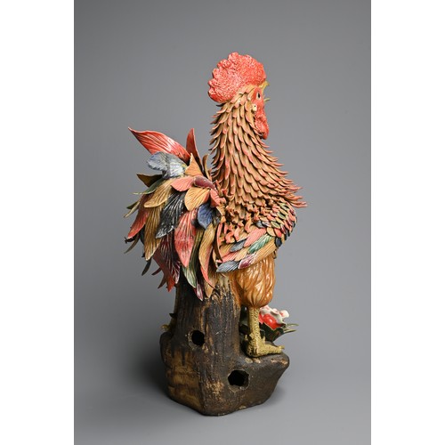 318 - A LARGE CHINESE POLYCHROME MODEL OF A ROOSTER, 20TH CENTURY. Finely modelled rooster crowing, standi... 