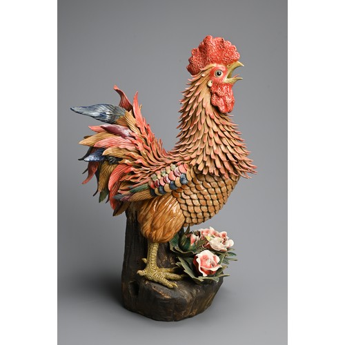 318 - A LARGE CHINESE POLYCHROME MODEL OF A ROOSTER, 20TH CENTURY. Finely modelled rooster crowing, standi... 