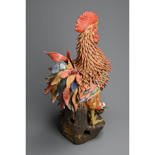 318 - A LARGE CHINESE POLYCHROME MODEL OF A ROOSTER, 20TH CENTURY. Finely modelled rooster crowing, standi... 