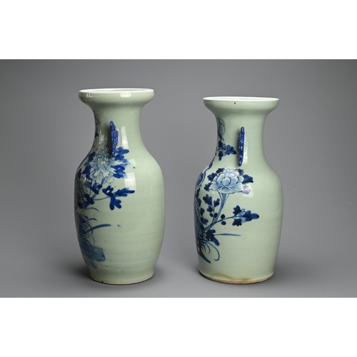 209 - TWO CHINESE CELADON GROUND AND UNDERGLAZE BLUE PORCELAIN VASES, LATE QING DYNASTY. Each of baluster ... 