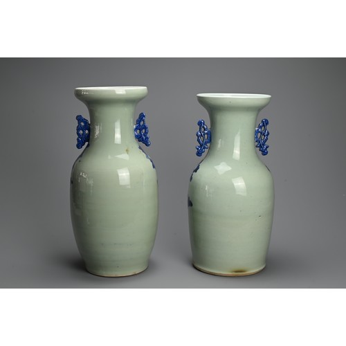 209 - TWO CHINESE CELADON GROUND AND UNDERGLAZE BLUE PORCELAIN VASES, LATE QING DYNASTY. Each of baluster ... 