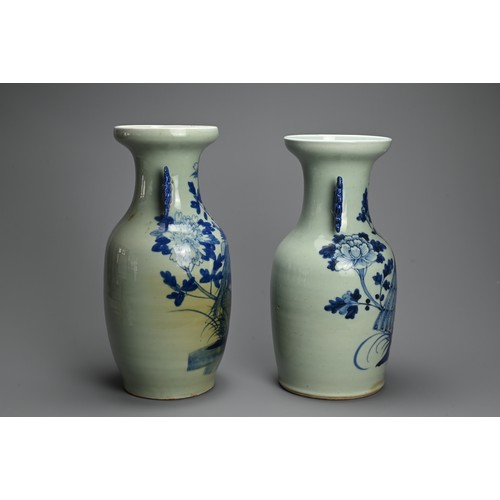 209 - TWO CHINESE CELADON GROUND AND UNDERGLAZE BLUE PORCELAIN VASES, LATE QING DYNASTY. Each of baluster ... 