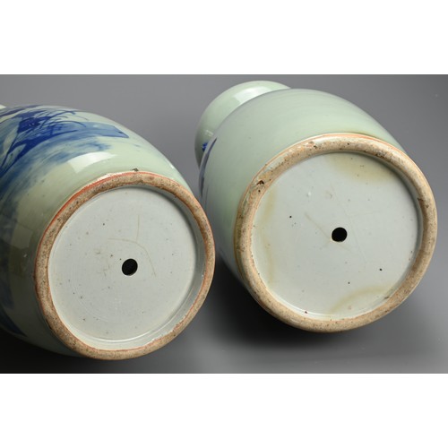 209 - TWO CHINESE CELADON GROUND AND UNDERGLAZE BLUE PORCELAIN VASES, LATE QING DYNASTY. Each of baluster ... 