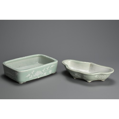 213 - TWO CHINESE SLIP DECORATED CELADON GROUND PORCELAIN NARCISSUS BOWLS, 19TH CENTURY. of lobbed and rec... 