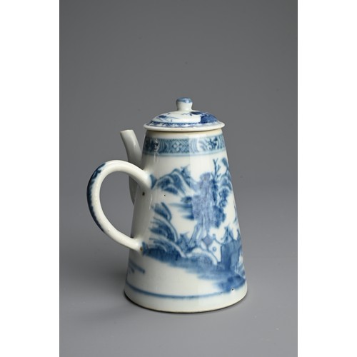 216 - A CHINESE BLUE AND WHITE EXPORT PORCELAIN CHOCOLATE POT AND COVER, 18TH CENTURY. Decorated with figu... 