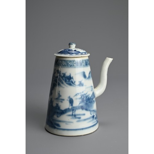 216 - A CHINESE BLUE AND WHITE EXPORT PORCELAIN CHOCOLATE POT AND COVER, 18TH CENTURY. Decorated with figu... 