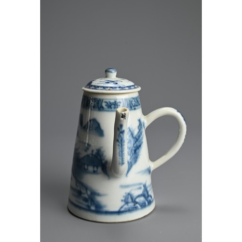 216 - A CHINESE BLUE AND WHITE EXPORT PORCELAIN CHOCOLATE POT AND COVER, 18TH CENTURY. Decorated with figu... 