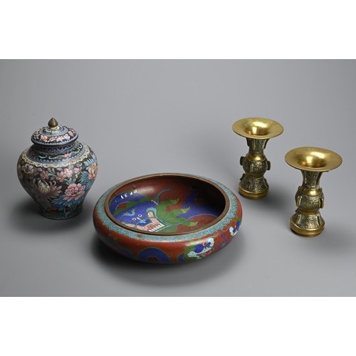 230 - A GROUP OF CHINESE CLOISONNE ENAMEL AND POLISHED BRONZE ITEMS, 19/20TH CENTURY. To include a pair of... 