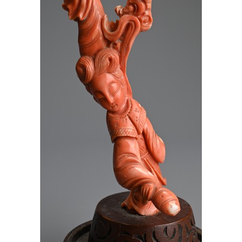 233 - A CHINESE CARVED RED CORAL FIGURE, 19/20TH CENTURY. In the form of branches with two ladies mounted ... 