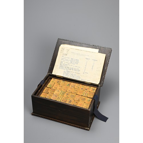 237 - A CHINESE BOXED MAHJONG SET, EARLY 20TH CENTURY. A complete set of hand engraved bamboo tiles and bo... 