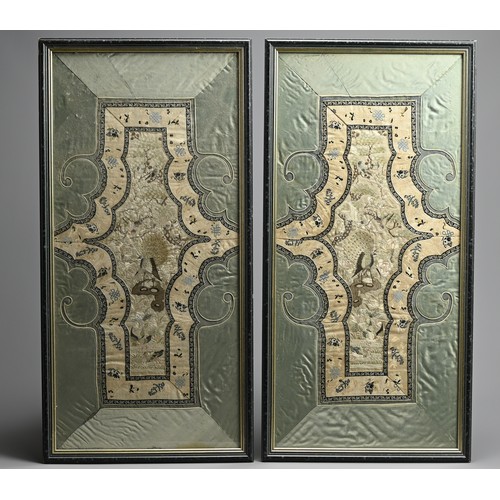 333 - A PAIR OF CHINESE FRAMED SILK EMBROIDERED PANELS, 19/20TH CENTURY. Decorated with various birds and ... 