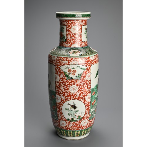 240 - A LARGE CHINESE FAMILLE VERTE PORCELAIN ROULEAU VASE, LATE QING DYNASTY. Decorated with panels of qi... 