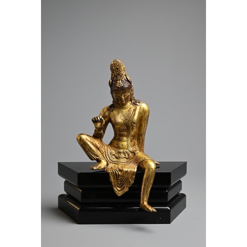 247 - A FINE GILT BRONZE FIGURE OF BODHISATTVA, PROBABLY NEPALESE, 18TH CENTURY. Heavily cast, seated in R... 