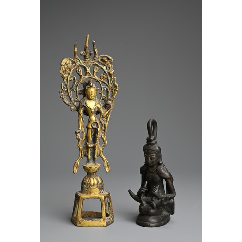 250 - A CHINESE GILT BRONZE FIGURE OF BODHISATTVA WITH A BURMESE FIGURE. The bodhisattva standing in the T... 