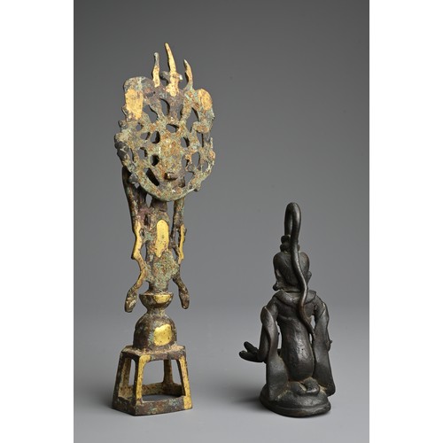 250 - A CHINESE GILT BRONZE FIGURE OF BODHISATTVA WITH A BURMESE FIGURE. The bodhisattva standing in the T... 