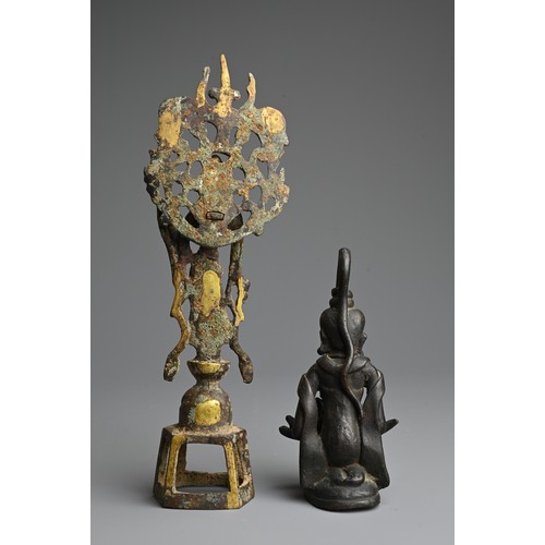 250 - A CHINESE GILT BRONZE FIGURE OF BODHISATTVA WITH A BURMESE FIGURE. The bodhisattva standing in the T... 