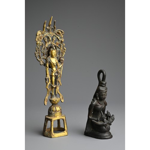 250 - A CHINESE GILT BRONZE FIGURE OF BODHISATTVA WITH A BURMESE FIGURE. The bodhisattva standing in the T... 