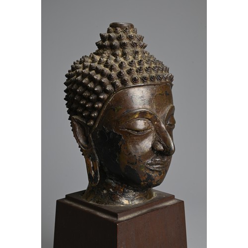 258 - A THAI BRONZE HEAD OF BUDDHA, 18TH CENTURY. Heavily cast with downcast eyes and serene expression. M... 