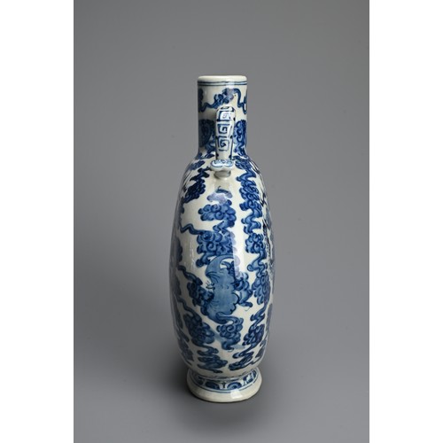 312 - A CHINESE BLUE AND WHITE PORCELAIN MOONFLASK, KANGXI MARK. With curved ruyi handles decorated with d... 