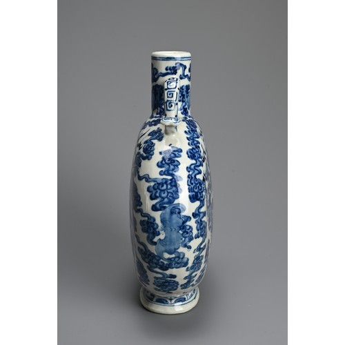 312 - A CHINESE BLUE AND WHITE PORCELAIN MOONFLASK, KANGXI MARK. With curved ruyi handles decorated with d... 