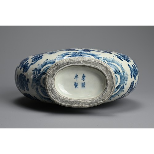 312 - A CHINESE BLUE AND WHITE PORCELAIN MOONFLASK, KANGXI MARK. With curved ruyi handles decorated with d... 