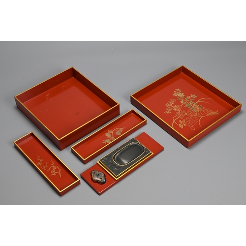 353 - A JAPANESE MATCHING RYUKU RED/GOLD LACQUER WRITING BOX, SUZURIBAKO AND DOCUMENT BOX, RYOSHIBAKO, MEI... 