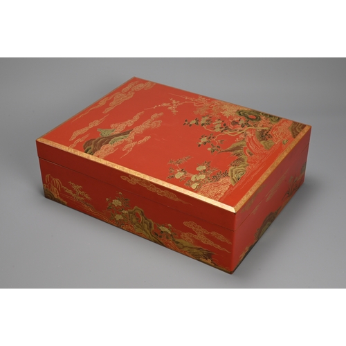 353 - A JAPANESE MATCHING RYUKU RED/GOLD LACQUER WRITING BOX, SUZURIBAKO AND DOCUMENT BOX, RYOSHIBAKO, MEI... 